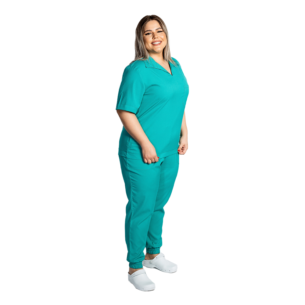 Costum medical stretch polo verde turcoaz, cu bluza in V si pantaloni tip jogger, cu snur si elastic 5